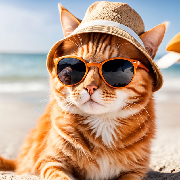 Orange tabby cat in sunglasses and hat on beach