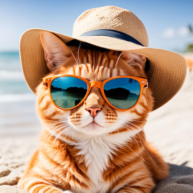 Orange tabby cat in sunglasses and hat on beach