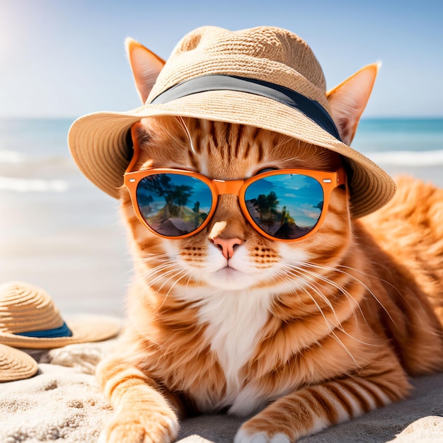 Orange tabby cat in sunglasses and hat on beach