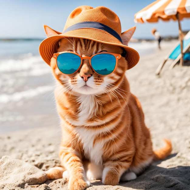 Orange tabby cat in sunglasses and hat on beach