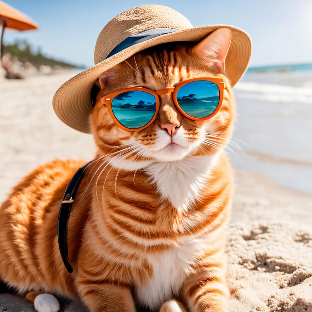 Orange tabby cat in sunglasses and hat on beach