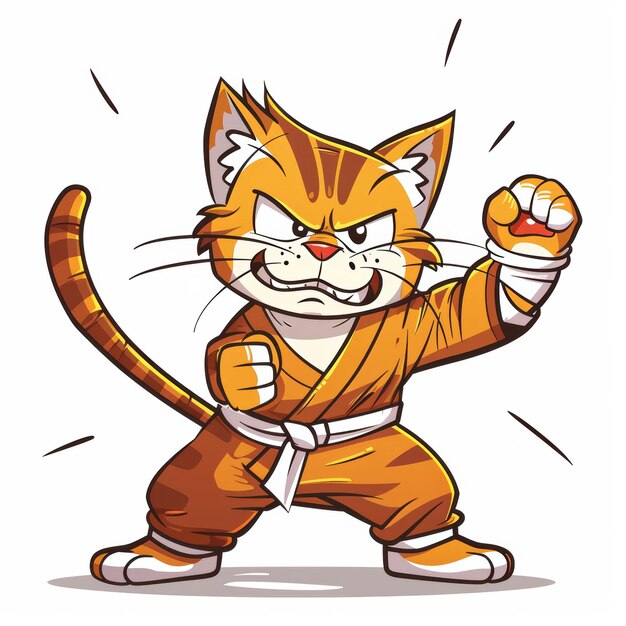 An orange tabby cat wearing an orange karate gi and white belt with a fierce expression poses in a fighting stance