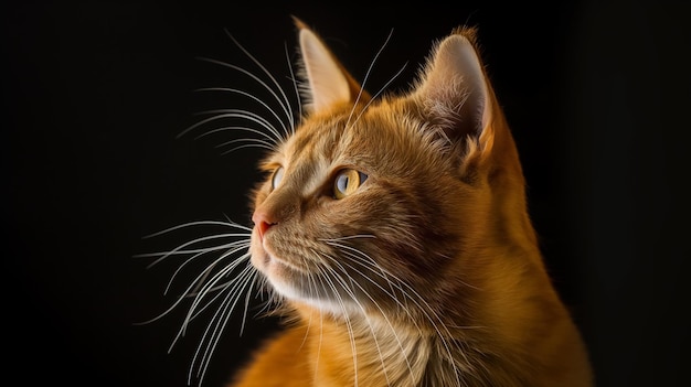 Orange tabby cat with vivid eyes looking off to the side against a dark background