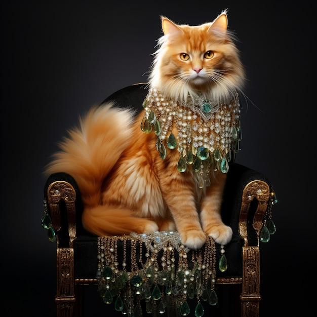 Orange tabby Turkish Angora cat sitting on a throne with yellow diamond appliques