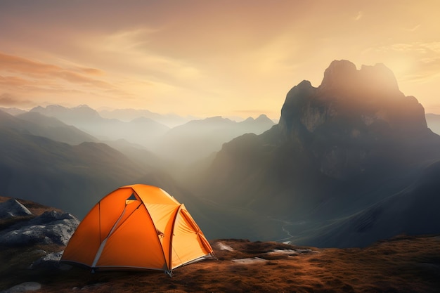 Orange tent on the background of mountains at sunset