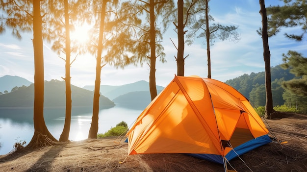 An orange tent on a cliff near a lake in a pine forest Camping Camping in summer No people