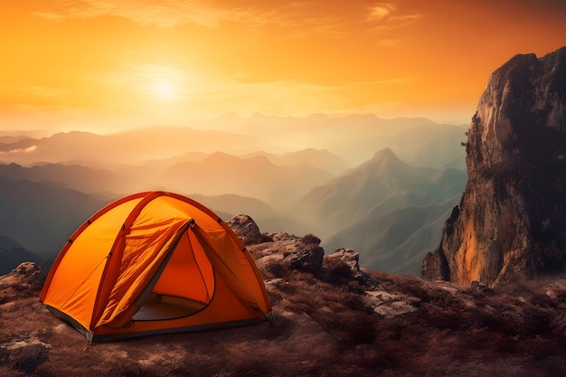 Orange tent on the cliff Sunset in the mountains Landscape