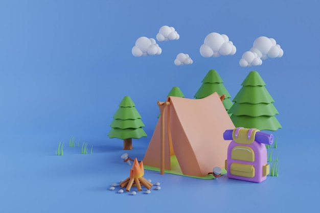 A orange tent in a pine forest surrounded by clouds. Travel and camping concept. 3D rendering