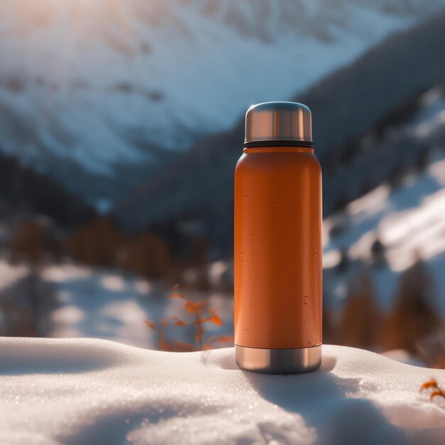 An orange thermos bottle mockup