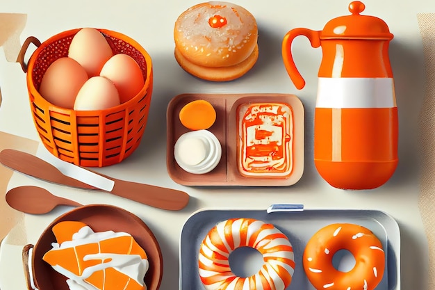 Orange things for the holiday Netherlands Donuts and utensils for a picnic Generative Ai