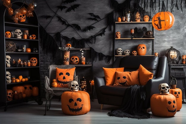 Orange toned living room interior with Halloween decorations Background for Halloween