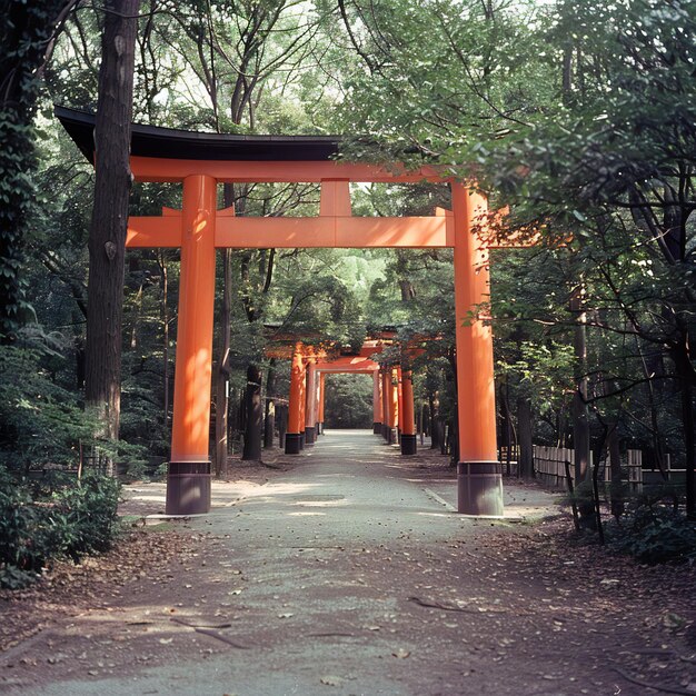 Photo an orange tori tori gate is shown over the pathway