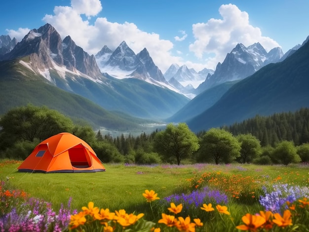 Orange Tourist tent on mountains background Generative AI