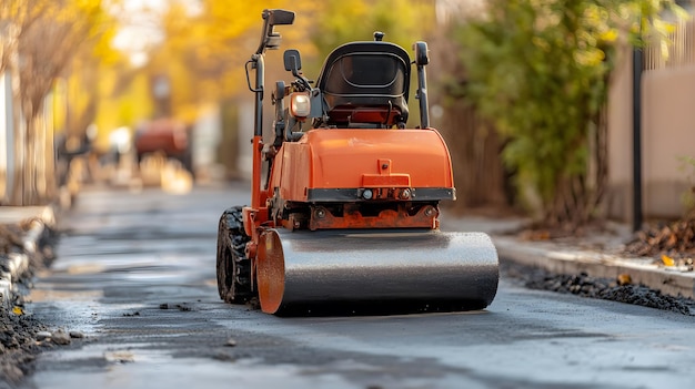 Photo a orange tractor is on the road with a large excavator on the side