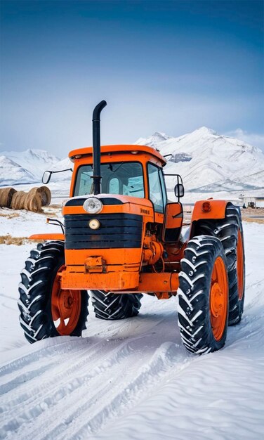 an orange tractor with a black bumper sticker on the front