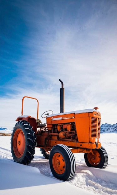 an orange tractor with a black tire on the side of it