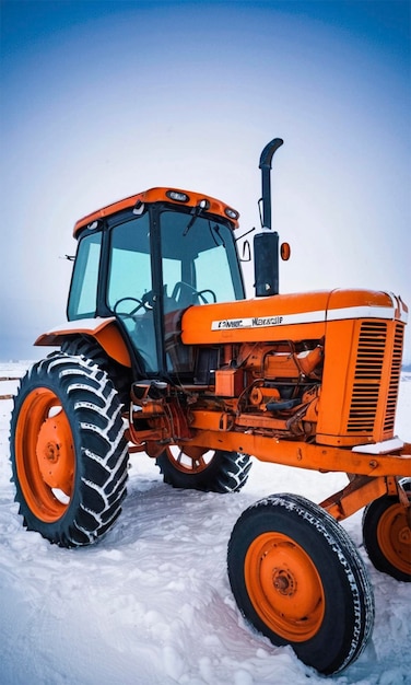 an orange tractor with a black and white tag on the front