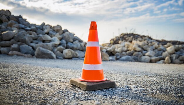 Photo orange traffic cone on road blurred pile of big stones on background safety concept