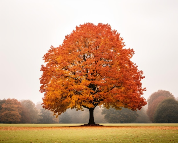 an orange tree in the middle of a foggy field