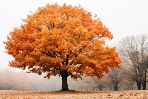 an orange tree in the middle of a foggy field