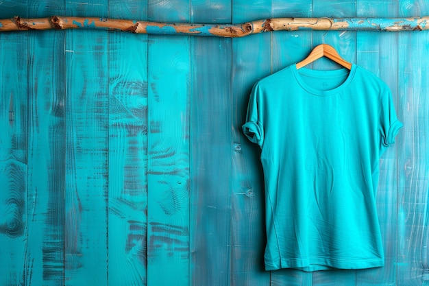 Photo orange tshirt hanging with wood hanger on wall