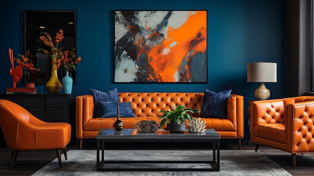 Orange tufted sofa and dark blue armchair and pouf