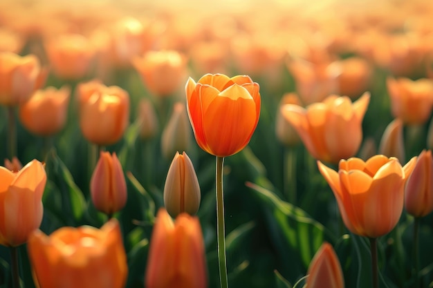 Orange Tulip Standing in The Center of a Large Group of Tulips in Front of a Green Field in The Style of Romantic Soft Focus and Ethereal Light Selective Focus