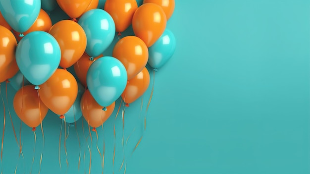 Orange and turquoise festive ballons on a turquoise background Banner copy space