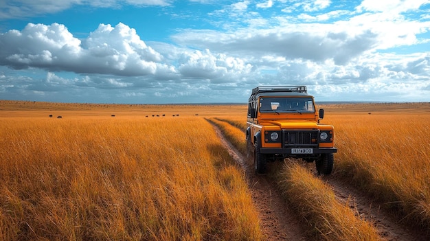 An orange vehicle on a dirt path through golden grasslands