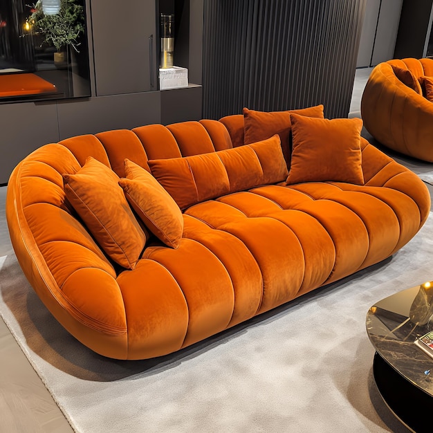 Photo orange velvet sofa with pillows and a round coffee table in a modern living room