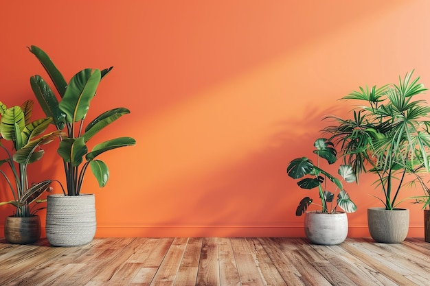 an orange wall with a plant in a pot next to a potted plant