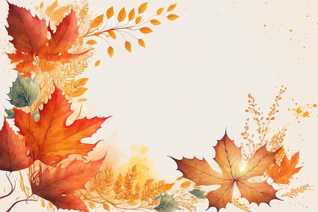 Orange watercolor autumn backdrop with maple leaf border