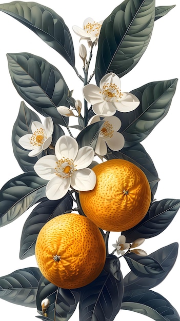 An orange on a white background of an old botanical illustration with a clean and transparent background