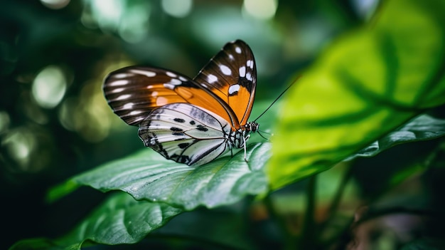 Orange White and Black Butterfly on Green Leaf