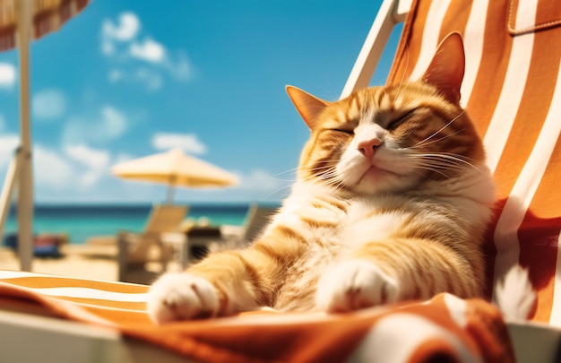 A orange and white cat is relaxing on a beach chair