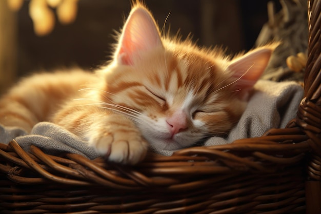 An orange and white cat peacefully sleeping in a cozy basket Perfect for petrelated designs and promotions