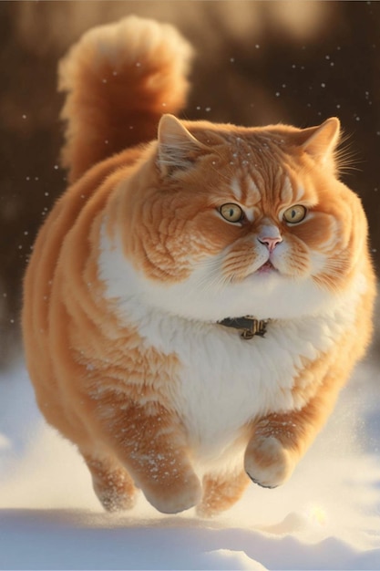 An orange and white cat running in the snow generative ai