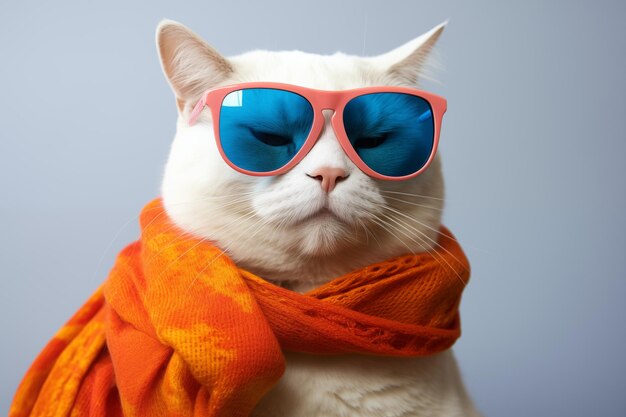 orange and white cat with sunglasses and scarf