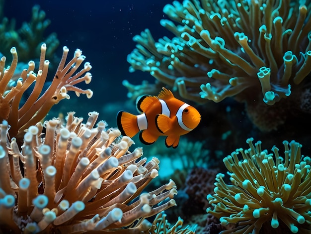 Photo an orange and white clown fish is in an aquarium with corals