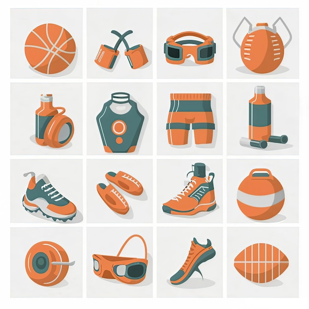 Photo an orange and white poster of sports equipment and a pair of shoes