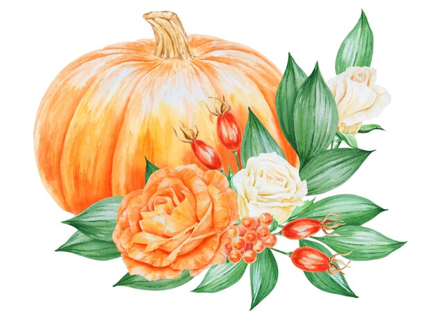 Photo orange and white roses pumpkin and rose hips hand drawn watercolor isolated illustration with fall