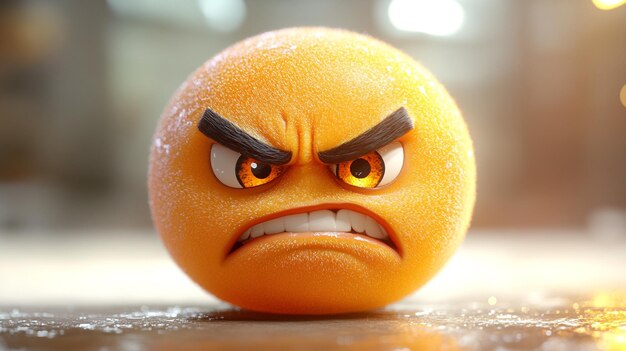 an orange with an angry expression on its face