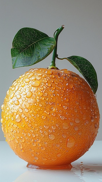 a orange with drops of water on it and a leaf that has water on it