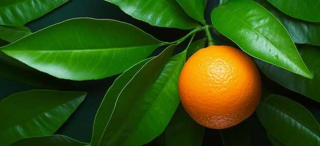 an orange with a green leaf on it