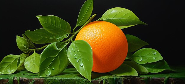 an orange with a green leaf on it