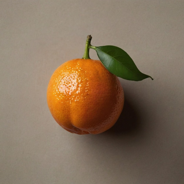 an orange with a green leaf on a table