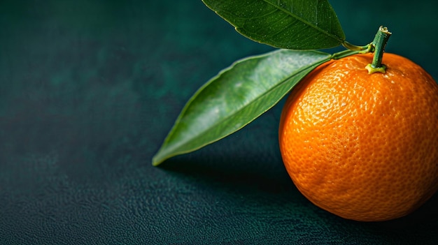 an orange with green leaves on a dark background