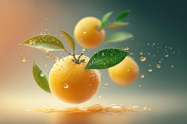 An orange with leaves and a splash of water in the background