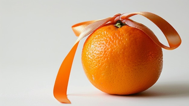 a orange with a ribbon tied around it is tied to a bow