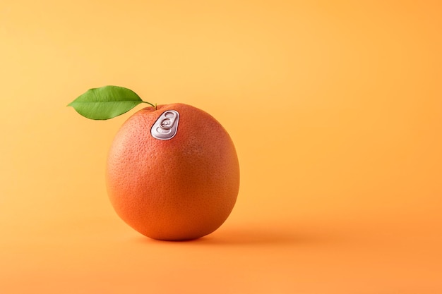 A orange with a ring pull on orange background with copy space Creative concept summer